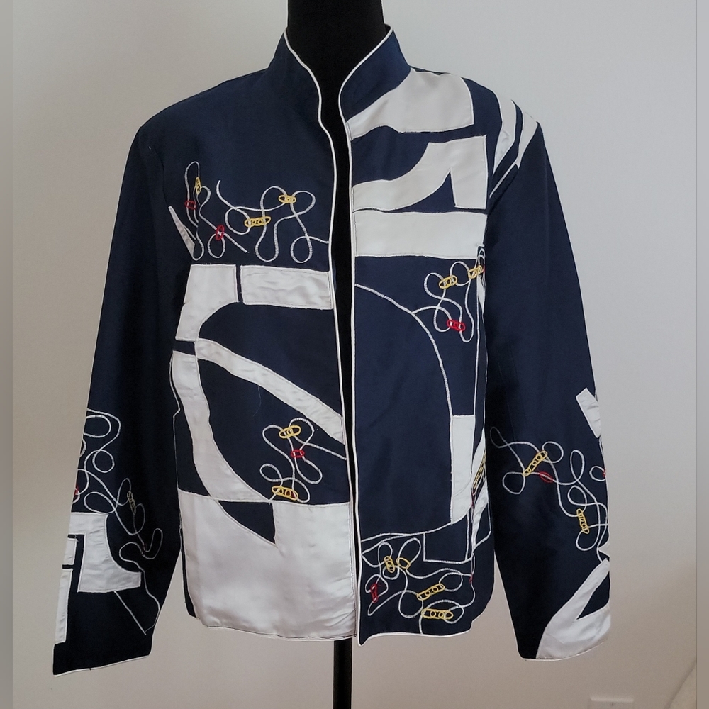 The Travel collection silk blend Jacket sz L Art to Wear Open No Closure Navy